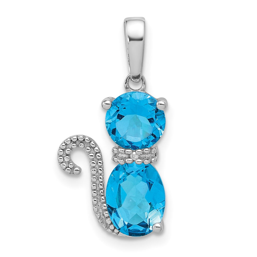 Sterlingsilber Rhodiniert Blautopas und Diamant Katze Anhänger