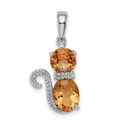 Sterlingsilber Rhodiniert Citrin und Diamant Katze Anhänger