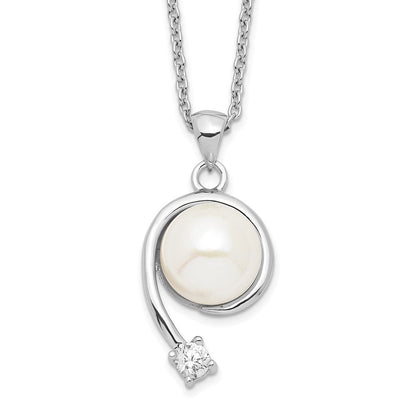 Sterlingsilber Rhodiniert 8-9mm Weiß Fwc Perle Zirkonia Anhänger Halskette