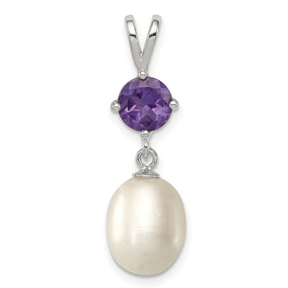 Sterlingsilber Rhodiniert Amethyst 8-9mm Fwc Perle Tropfen Anhänger