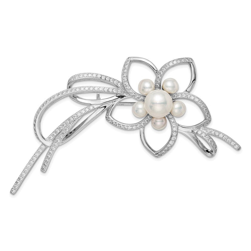 Sterlingsilber Rhodiniert Zirkonia Ribbion und Blume mit 4-7mm Weiß Süßwasser Zucht Pearls Brosche