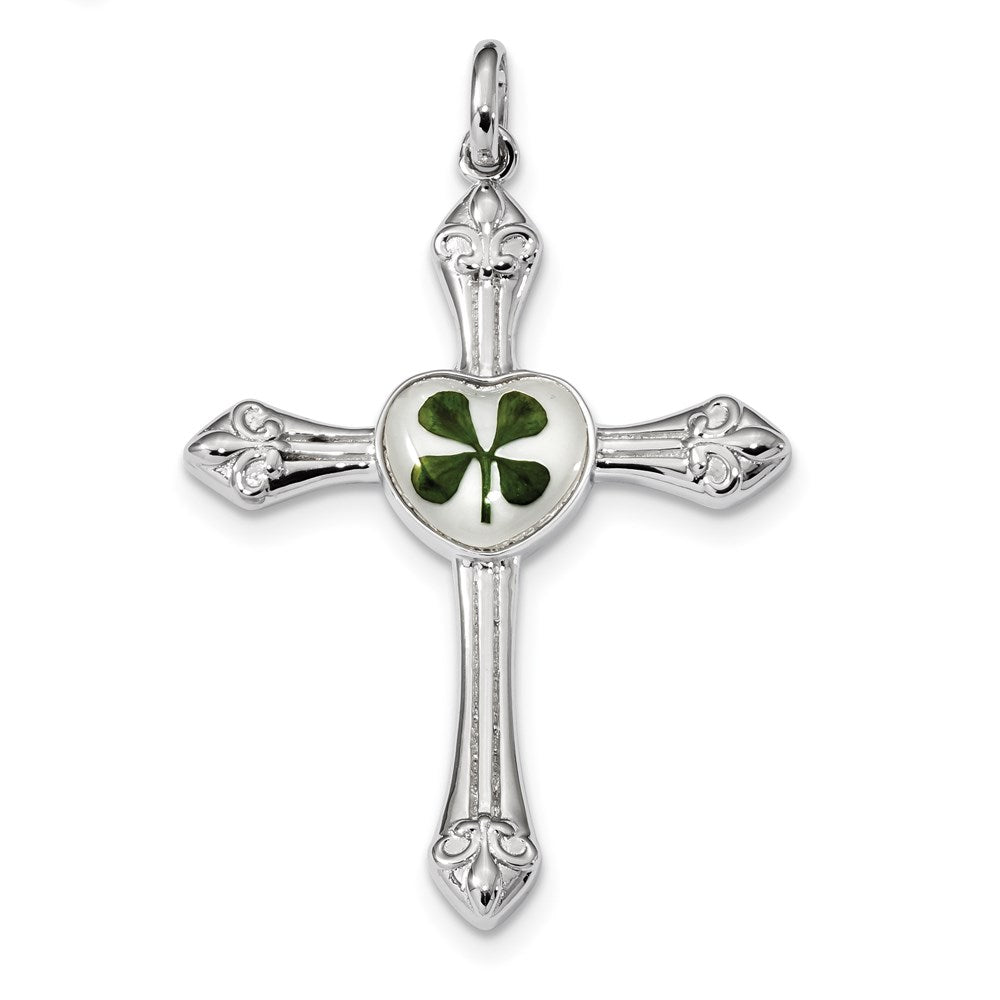 Sterlingsilber Platin. Beschichtet Echt Klee Epoxid & Muschel Kreuz Anhänger