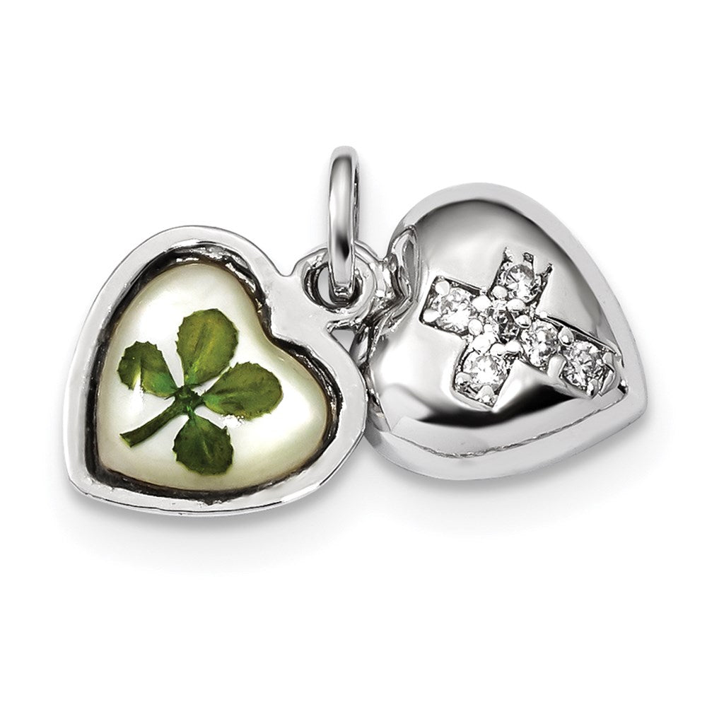 Sterlingsilber Platin Platte Blatt Klee Epoxid & Muschel Zirkonia Herz Charm