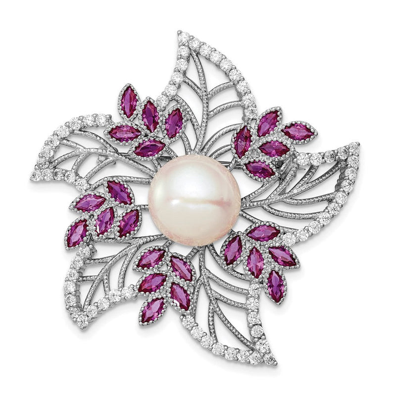 Sterlingsilber Rhodiniert Filigran Blume mit Klar Zirkonia und Rosa Corundum Stein Akzente 10-11mm Weiß Süßwasser Zuchtperle Brosche
