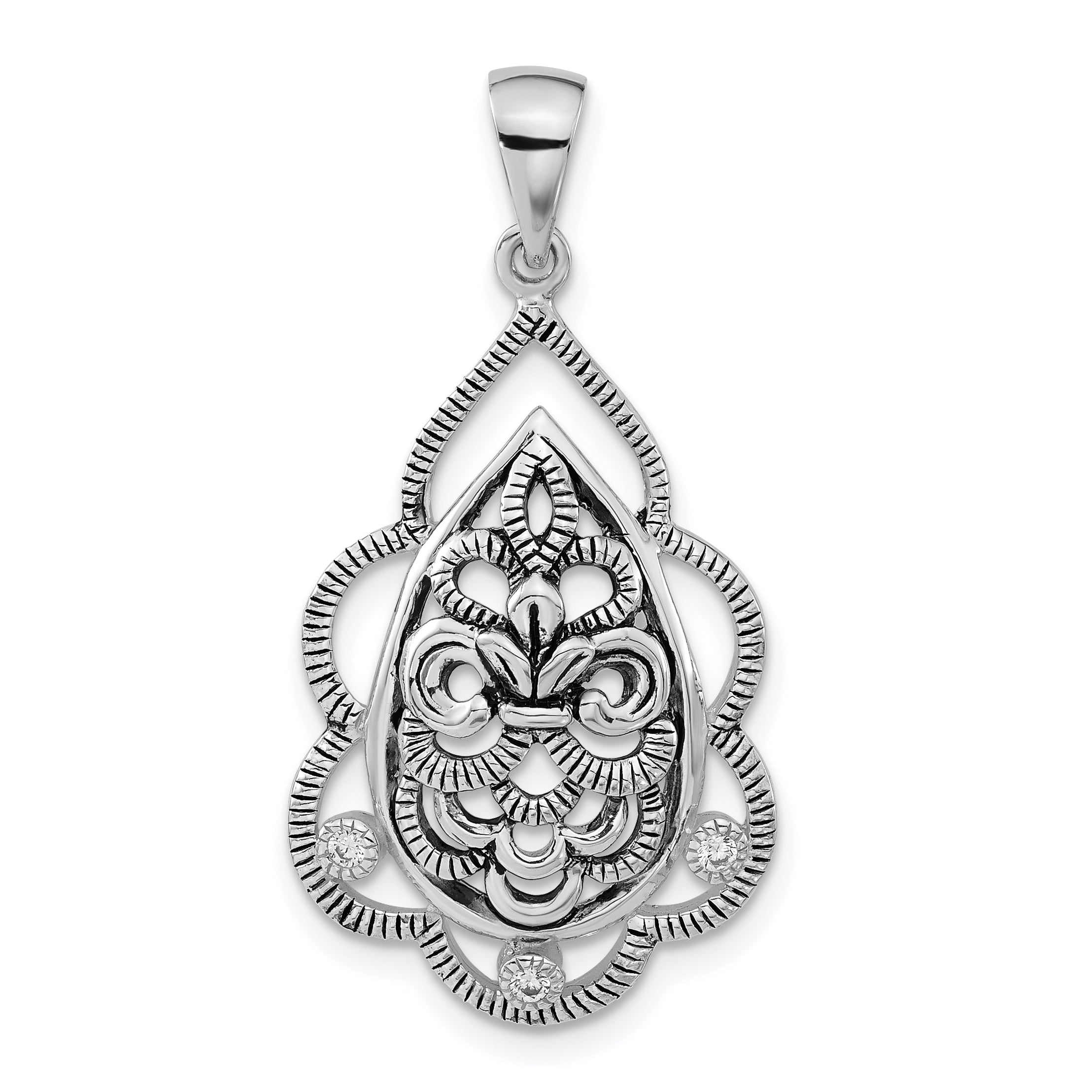 Sterlingsilber Poliert & Antikisiert Zirkonia Fleur De Lis Tropfen Anhänger