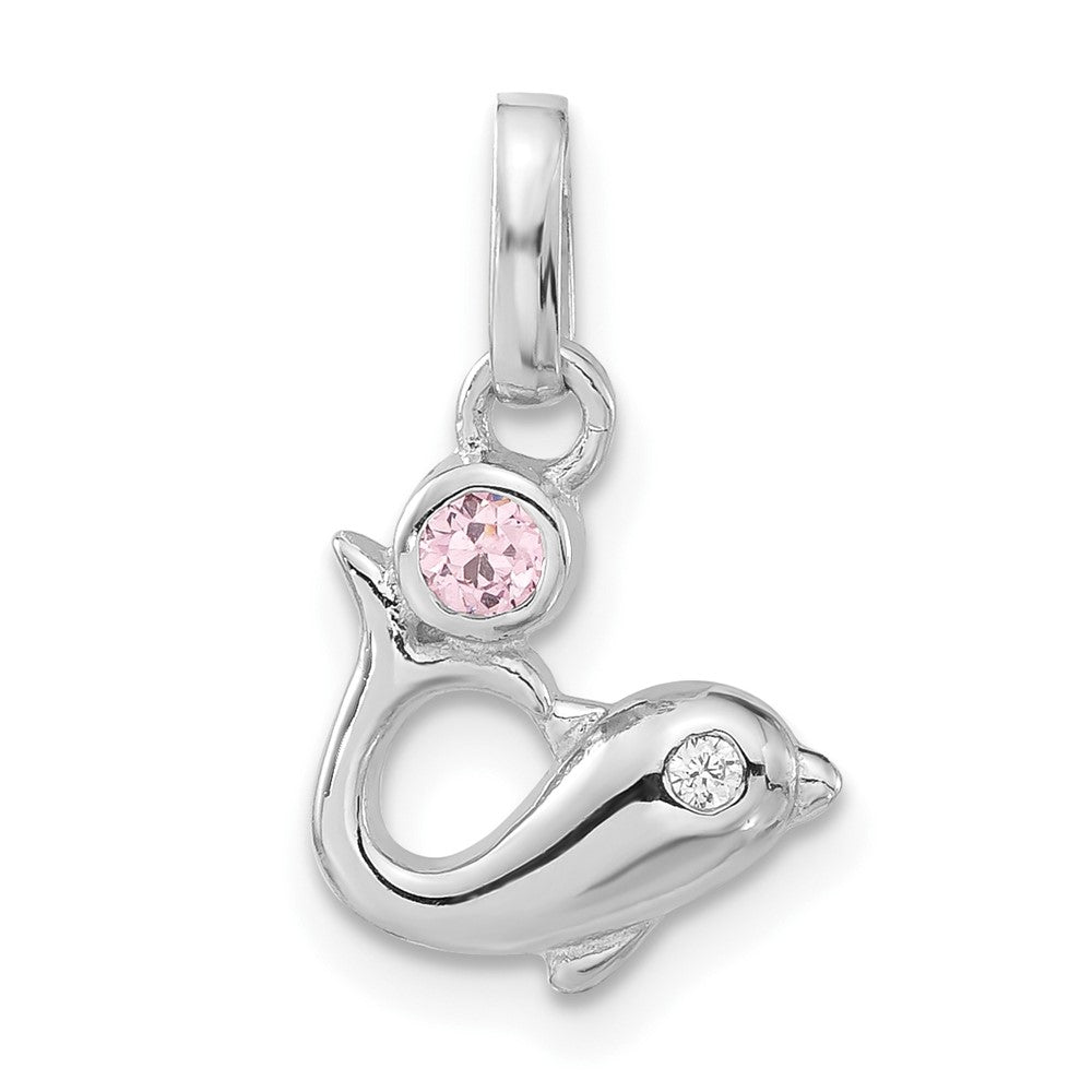 Sterlingsilber Poliert Rosa & Klar Zirkonia Delfin Anhänger