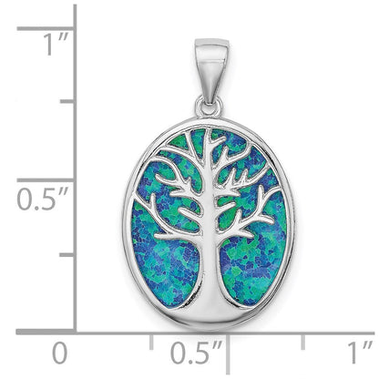 Sterlingsilber Rhodiniert Erzeugt Opal Baum Of Leben Oval Anhänger