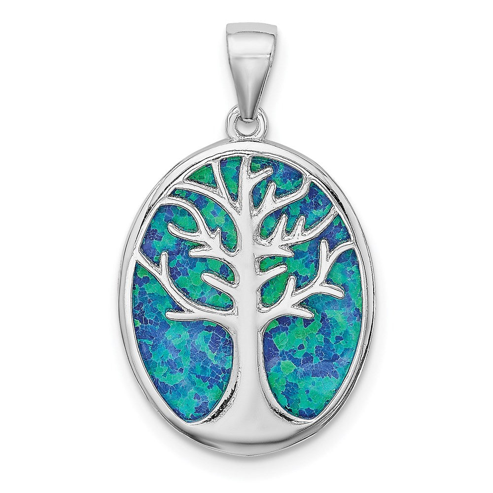 Sterlingsilber Rhodiniert Erzeugt Opal Baum Of Leben Oval Anhänger
