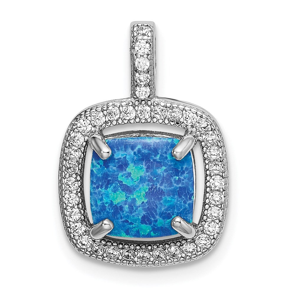 Sterlingsilber Rhodiniert Blau Quadratisch Erzeugt Opal mit Zirkonia Anhänger