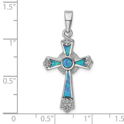 Sterlingsilber Rhodiniert Zirkonia / Erzeugt Opal Kreuz Anhänger