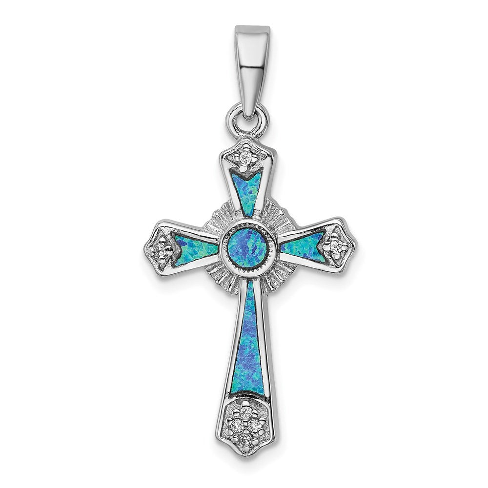 Sterlingsilber Rhodiniert Zirkonia / Erzeugt Opal Kreuz Anhänger