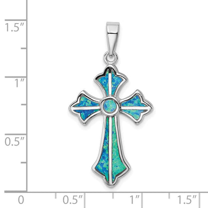 Sterlingsilber Rhodiniert Blau Einlage Erzeugt Opal Kreuz Anhänger