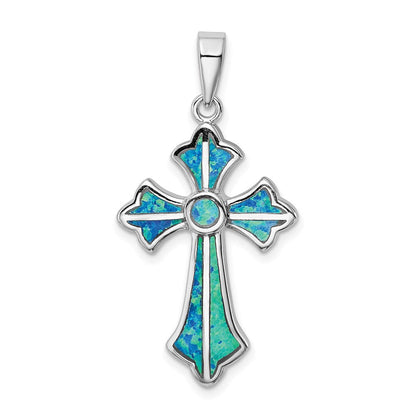 Sterlingsilber Rhodiniert Blau Einlage Erzeugt Opal Kreuz Anhänger