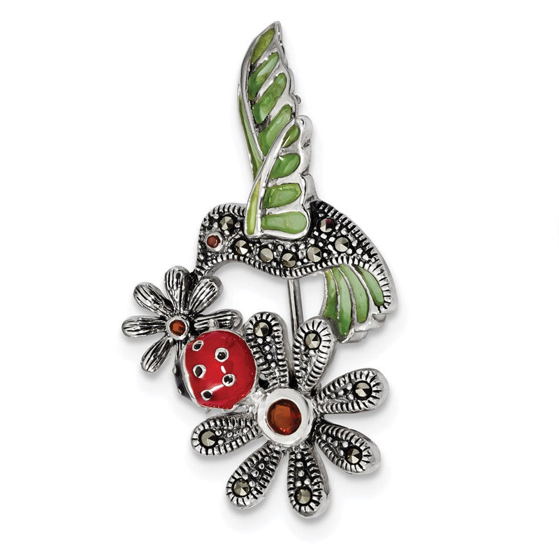 Sterlingsilber Antikisiert Epoxid Markasit Rot Glas Marienkäfer Blume Brosche
