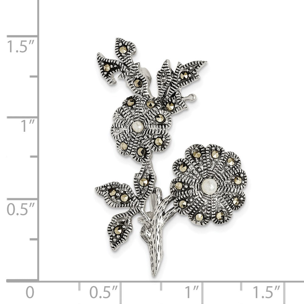 Sterlingsilber Antikisiert Markasit und Acrylic Perle Blumen Brosche