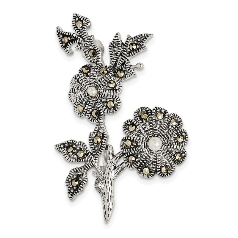 Sterlingsilber Antikisiert Markasit und Acrylic Perle Blumen Brosche