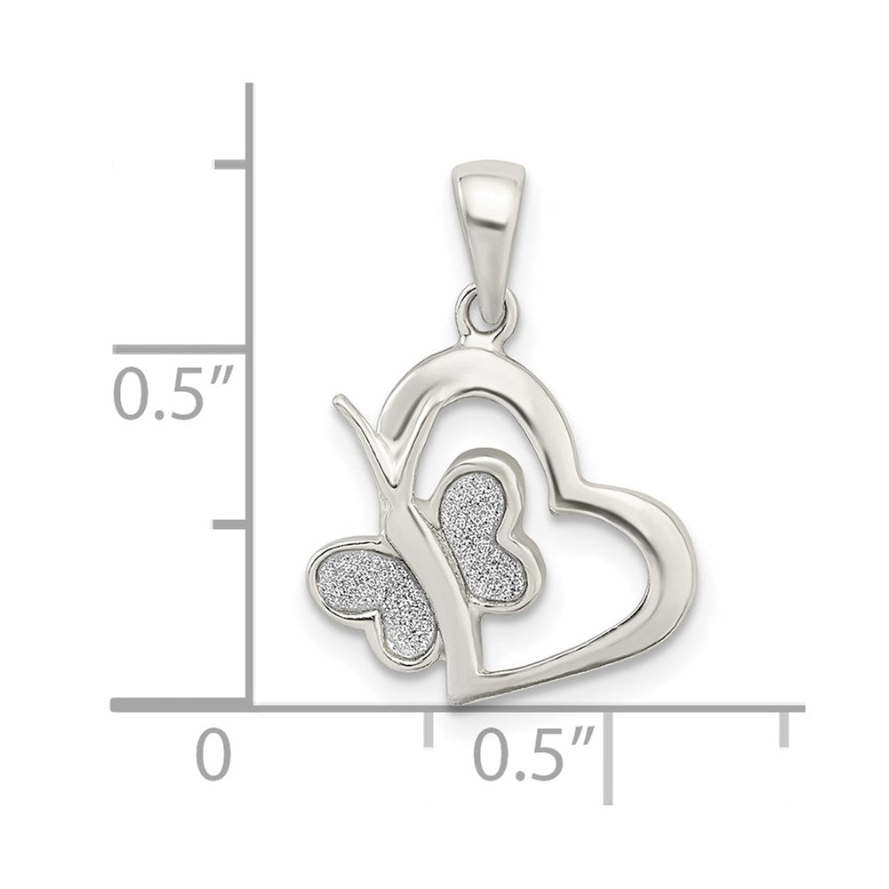 Sterlingsilber Poliert Glitzer Emaille Herz mit Schmetterling Anhänger