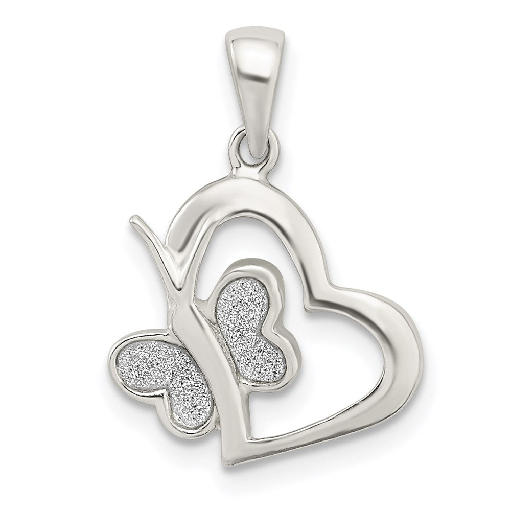 Sterlingsilber Poliert Glitzer Emaille Herz mit Schmetterling Anhänger