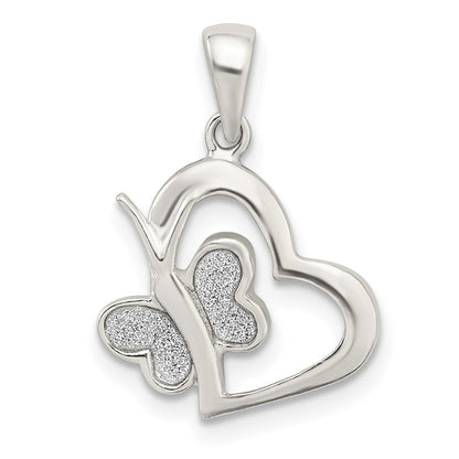 Sterlingsilber Poliert Glitzer Emaille Herz mit Schmetterling Anhänger