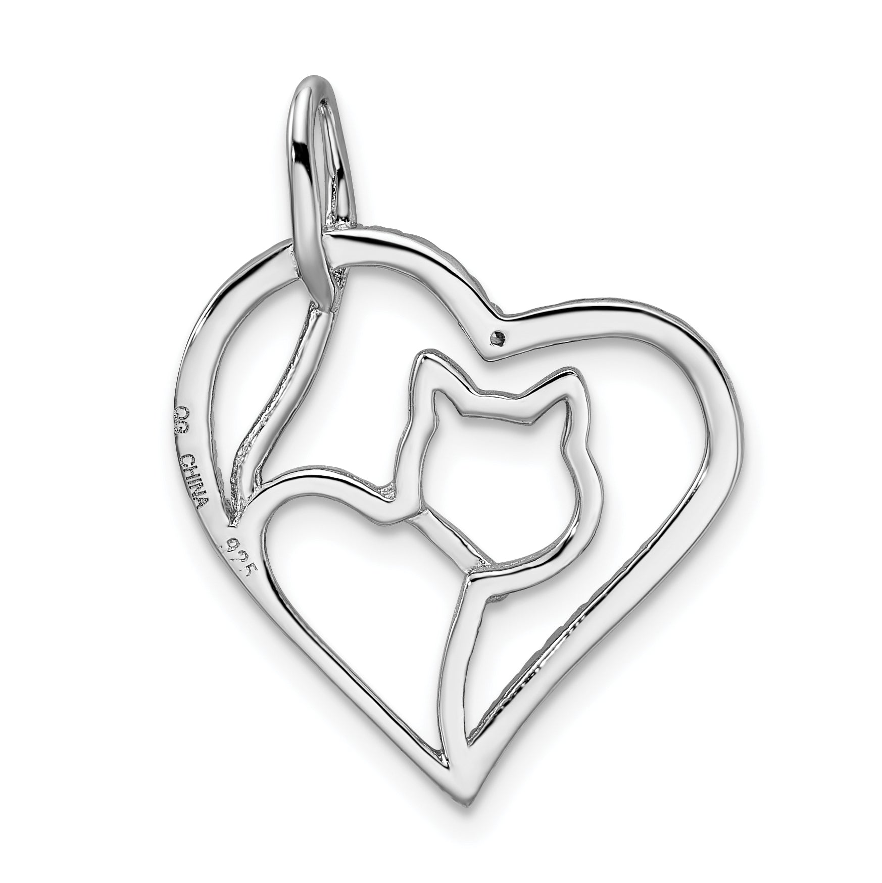 Sterlingsilber Rhodiniert Zirkonia Herz mit Katze Silhouette Anhänger