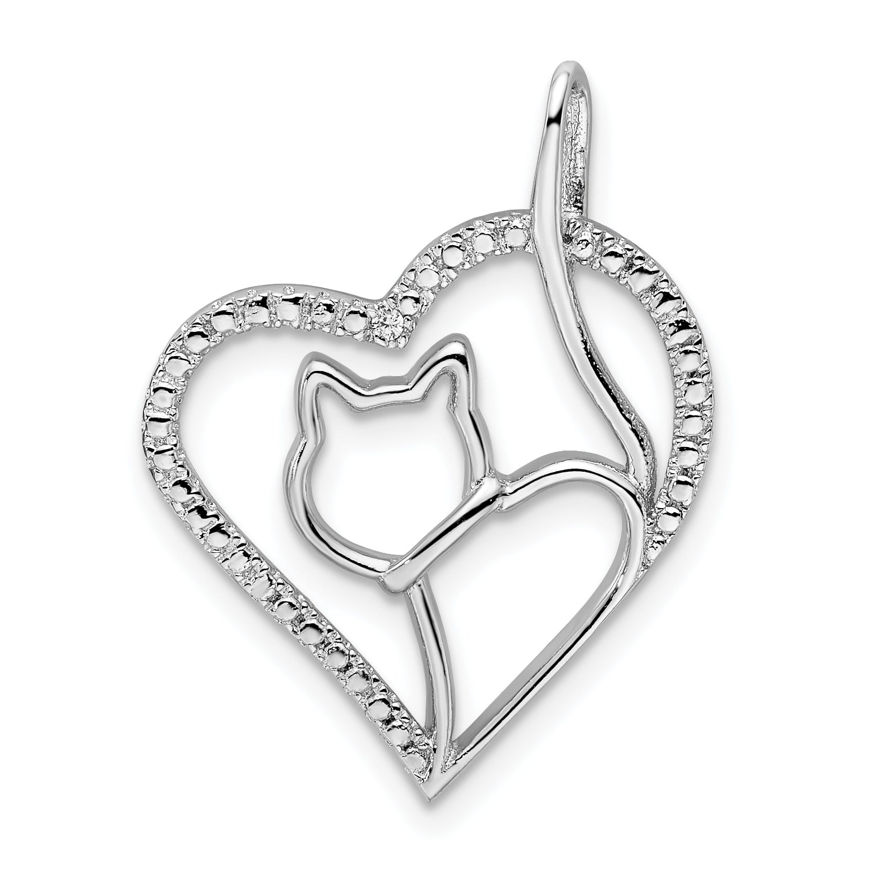 Sterlingsilber Rhodiniert Zirkonia Herz mit Katze Silhouette Anhänger