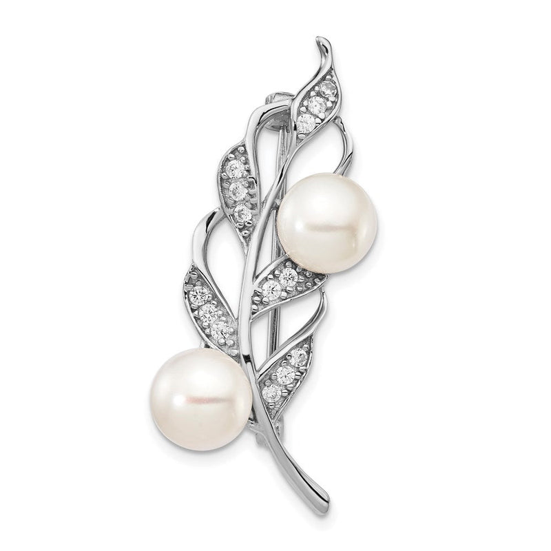 Sterlingsilber Rhodiniert Blatt Accented mit Zirkonia und 7-8mm Weiß Knopf Süßwasser Zuchtperle Brosche