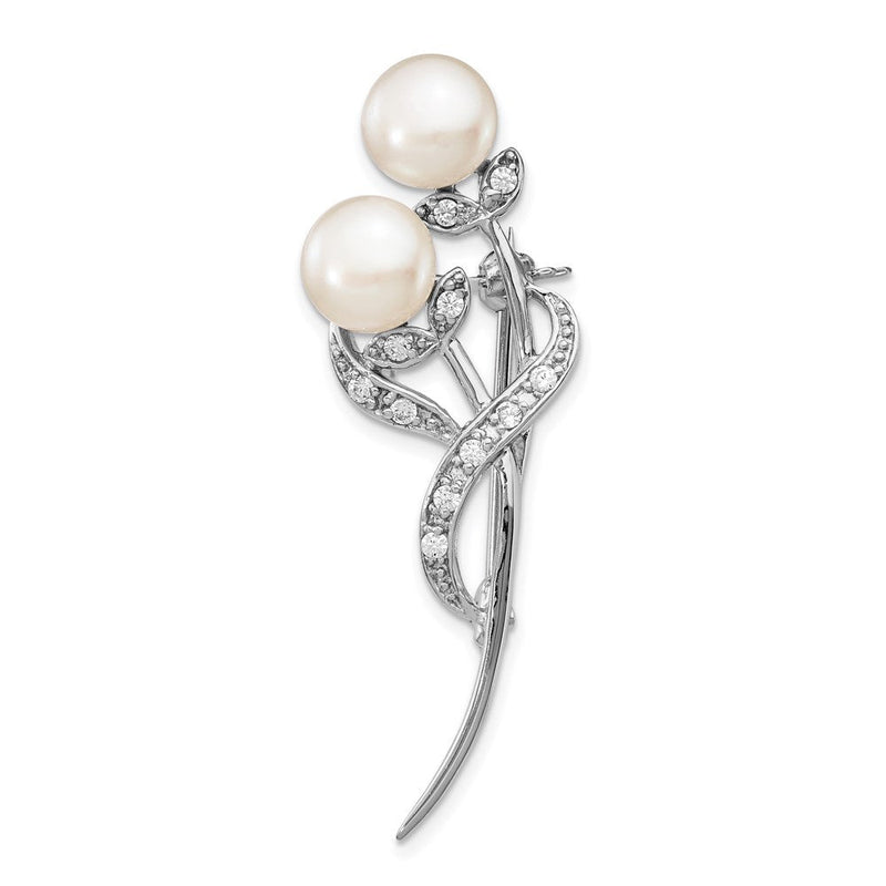 Sterlingsilber Rhodiniert Blumen mit Zirkonia und 7-8mm Weiß Knopf Süßwasser Zucht Pearls Brosche