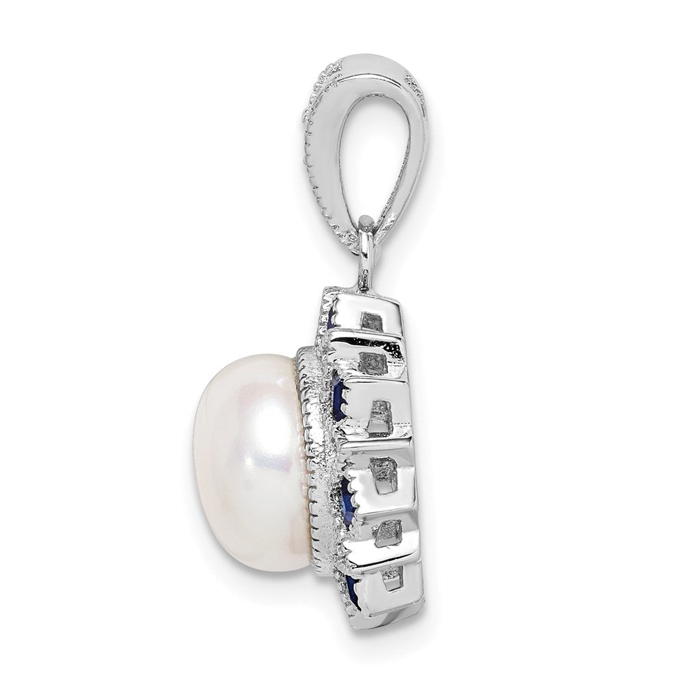 Sterlingsilber Rhodiniert Fwc Perle/syn. Blau Spinell Blume Anhänger