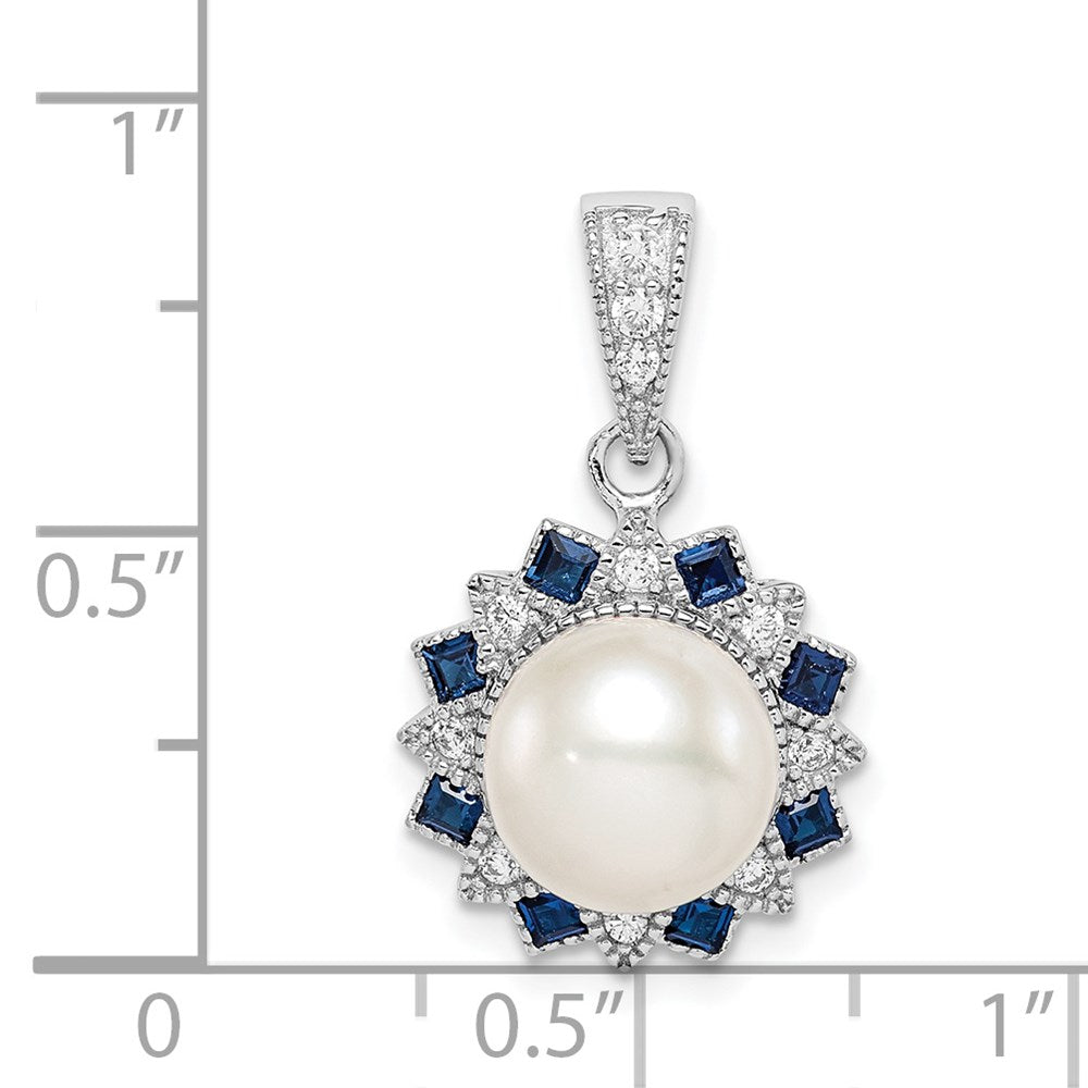 Sterlingsilber Rhodiniert Fwc Perle/syn. Blau Spinell Blume Anhänger