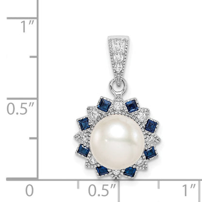 Sterlingsilber Rhodiniert Fwc Perle/syn. Blau Spinell Blume Anhänger