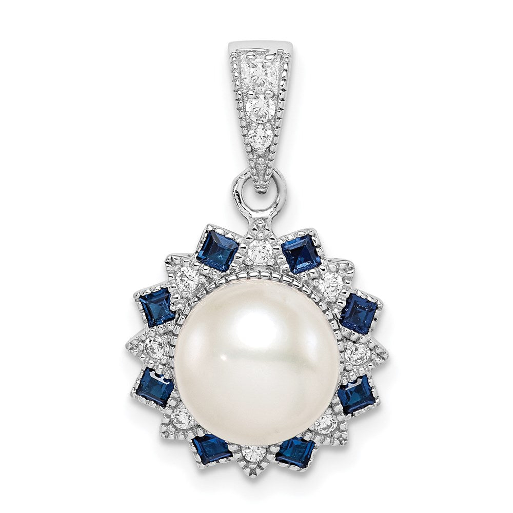 Sterlingsilber Rhodiniert Fwc Perle/syn. Blau Spinell Blume Anhänger