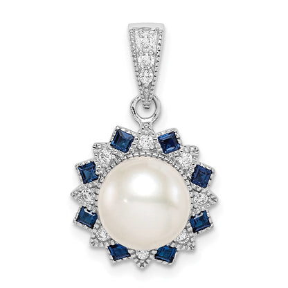 Sterlingsilber Rhodiniert Fwc Perle/syn. Blau Spinell Blume Anhänger