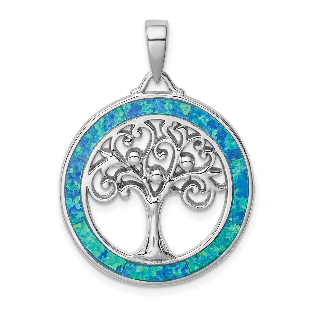 Sterlingsilber Rhodiniert Erzeugt Opal Kreis mit Baum Anhänger