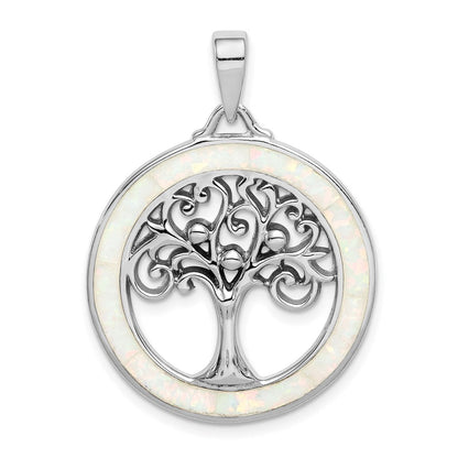 Sterlingsilber Rhodiniert Erzeugt Opal Kreis mit Baum Anhänger