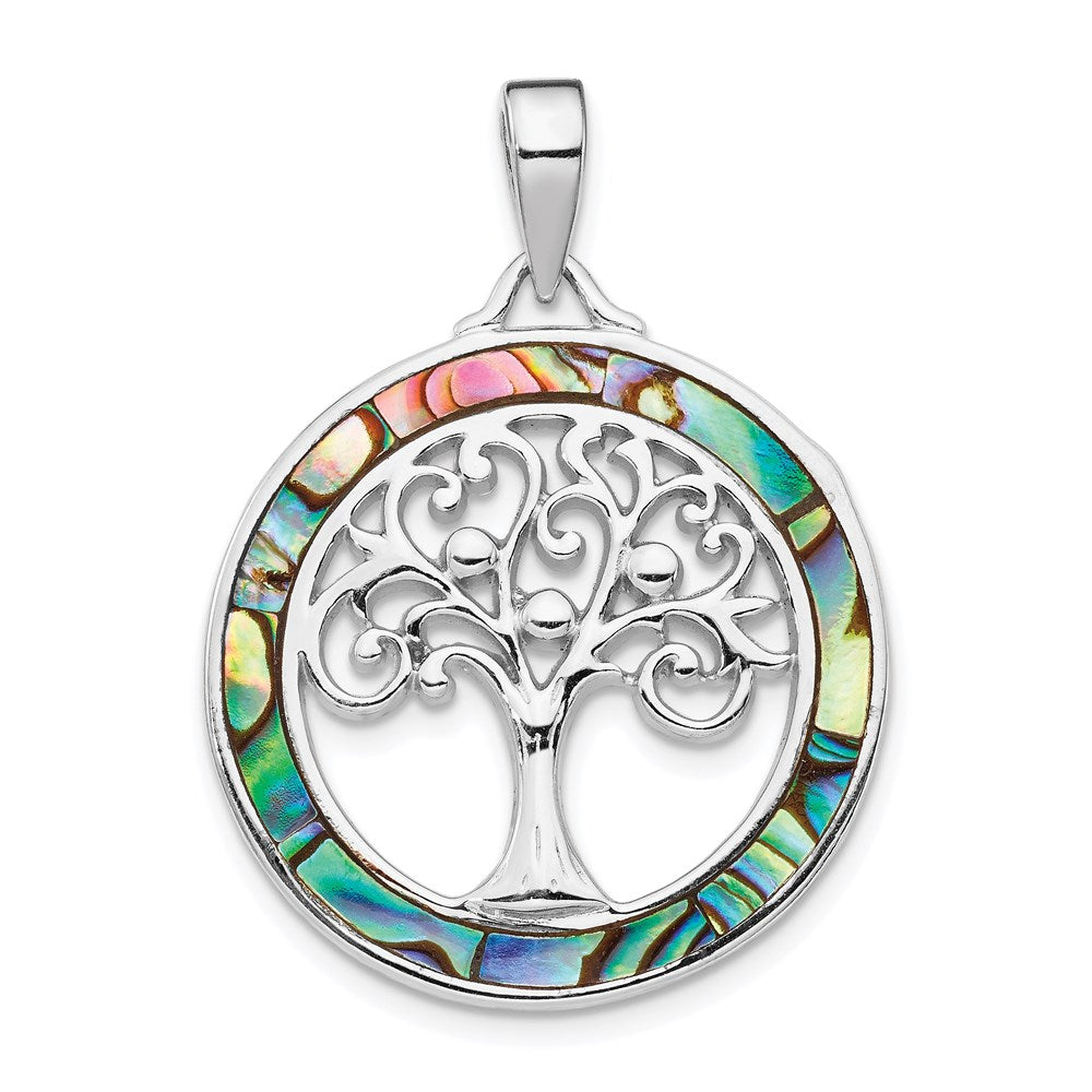 Sterlingsilber Rhodiniert Abalone Kreis mit Baum Of Leben Anhänger