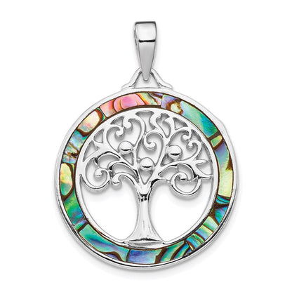 Sterlingsilber Rhodiniert Abalone Kreis mit Baum Of Leben Anhänger