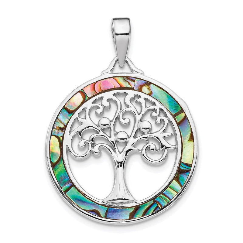 Sterlingsilber Rhodiniert Abalone Kreis mit Baum Of Leben Anhänger