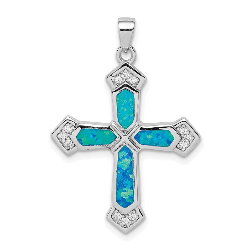 Sterlingsilber Rhodiniert Erzeugt Opal Kreuz Zirkonia Anhänger