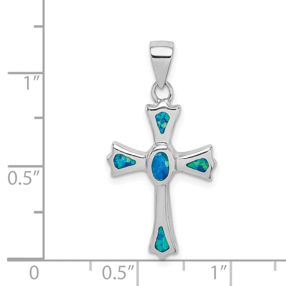 Sterlingsilber Rhodiniert Erzeugt Blau Opal Klein Kreuz Anhänger