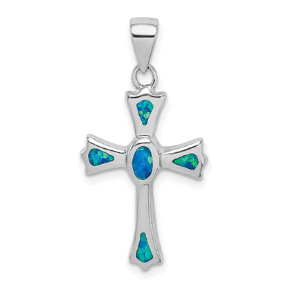 Sterlingsilber Rhodiniert Erzeugt Blau Opal Klein Kreuz Anhänger