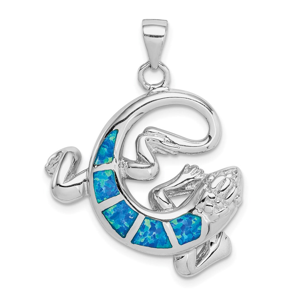 Sterlingsilber Rhodiniert Poliert Erzeugt Blau Opal Gecko Anhänger