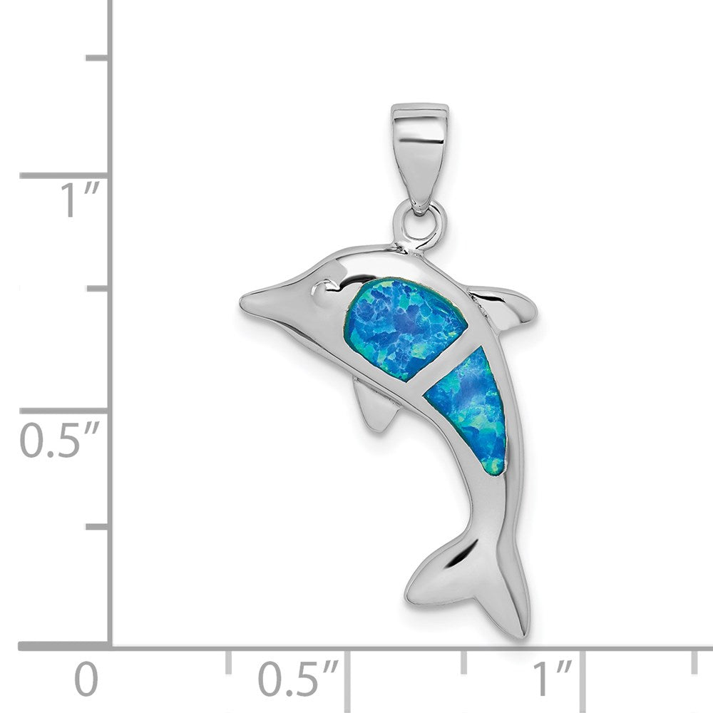 Sterlingsilber Rhodiniert Poliert Erzeugt Blau Opal Delfin Anhänger