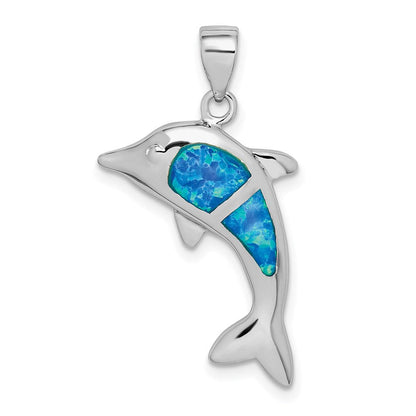 Sterlingsilber Rhodiniert Poliert Erzeugt Blau Opal Delfin Anhänger