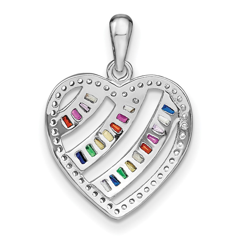 Sterlingsilber Prizma Rhodiniert Weiß und Bunt Drei Reihe Zirkonia Offen Herz Anhänger