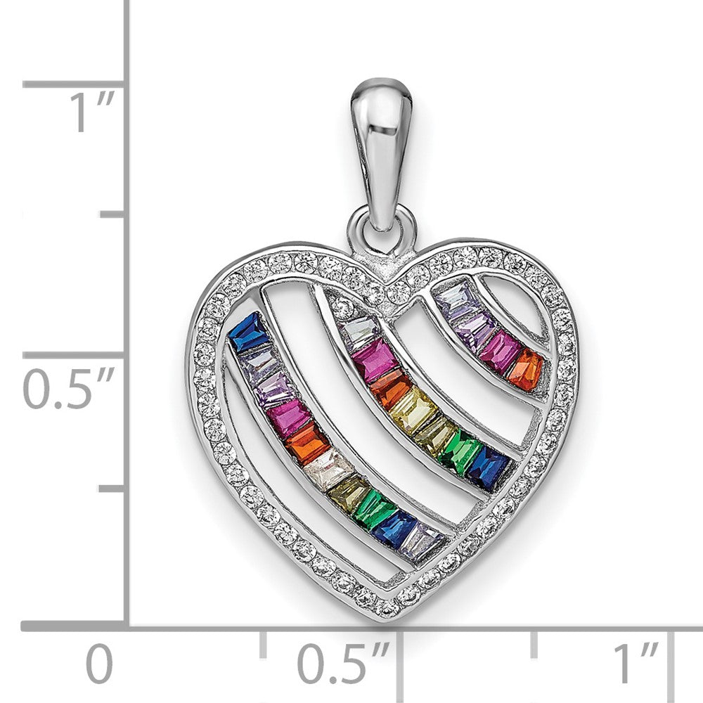 Sterlingsilber Prizma Rhodiniert Weiß und Bunt Drei Reihe Zirkonia Offen Herz Anhänger