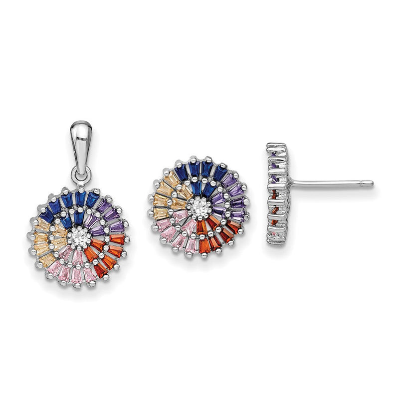 Sterlingsilber Prizma Rhodiniert Weiß und Bunt Zirkonia Stecker Ohrring Anhänger Set