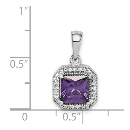 Sterlingsilber Rhodiniert Klar Zirkonia und Quadratisch Lila Anhänger