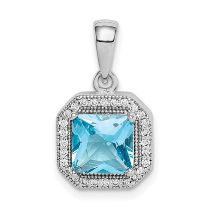 Sterlingsilber Rhodiniert Klar Zirkonia und Quadratisch Blau Anhänger