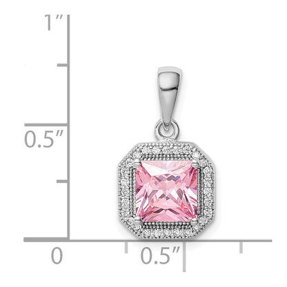 Sterlingsilber Rhodiniert Klar Zirkonia und Quadratisch Rosa Anhänger