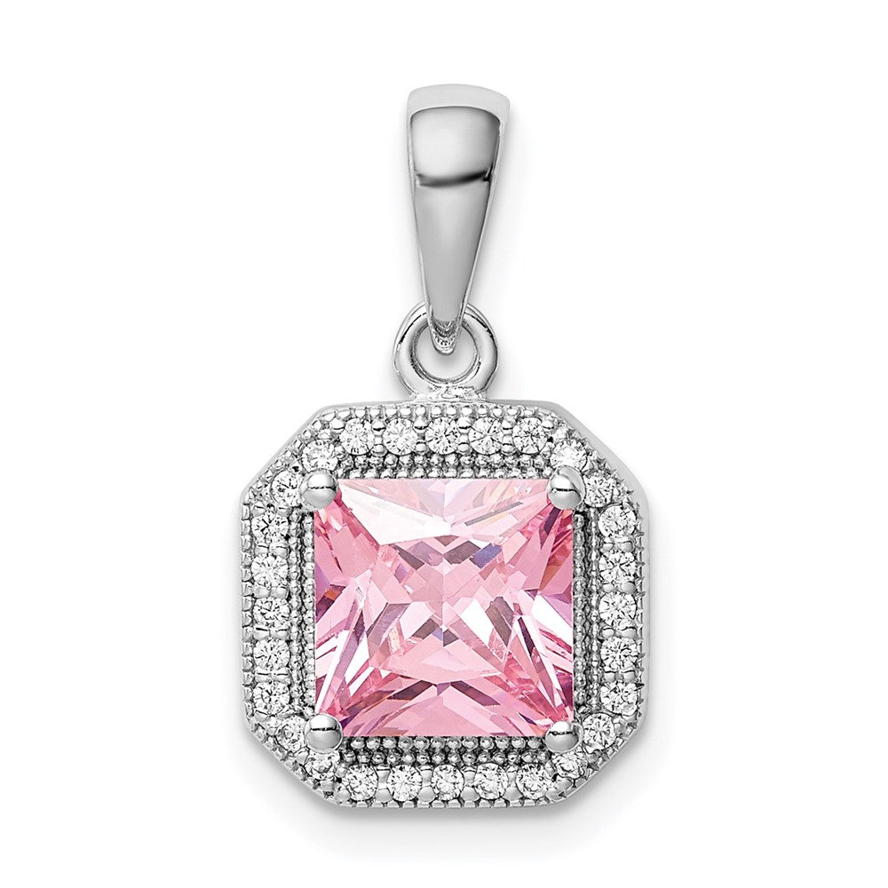 Sterlingsilber Rhodiniert Klar Zirkonia und Quadratisch Rosa Anhänger